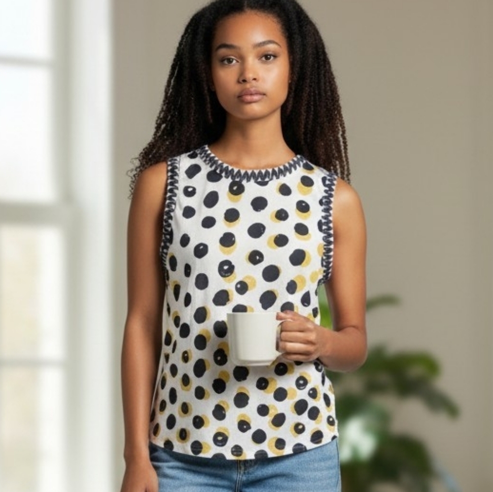 NwT Fred David White Tank Top with Black and Yellow Polka Dots
